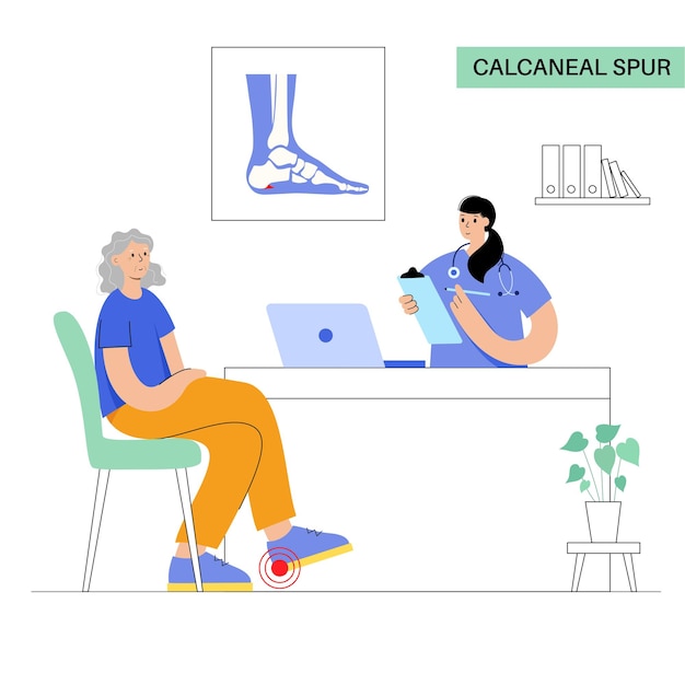 Calcaneal spur anatomy Foot problem diagnostic and treatment in podiatry clinic Heel bone outgrowth from calcaneal tuberosity Ankle pain and swelling X ray examination of feet vector illustration