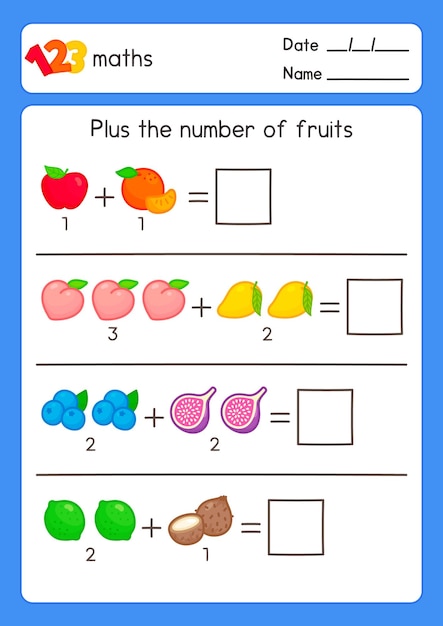 数学の主題演習シートかわいい落書きベクトルで果物の絵で数字を計算します