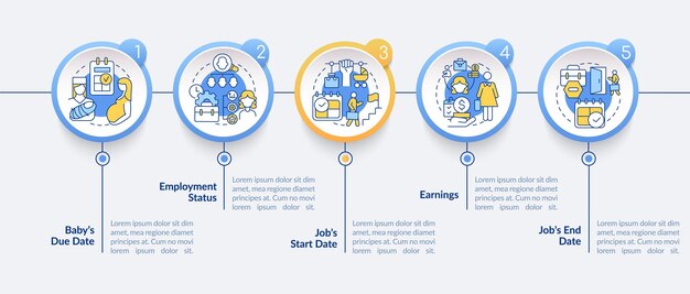 출산 급여 요구 사항 벡터 Infographic 템플릿을 계산합니다. 프레젠테이션 개요 디자인 요소입니다. 5단계로 데이터 시각화. 타임라인 정보 차트를 처리합니다. 라인 아이콘이 있는 워크플로 레이아웃