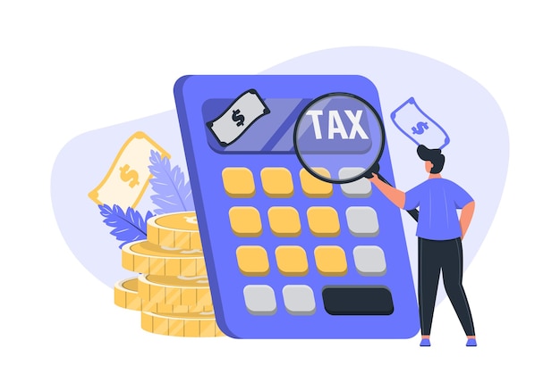 Calculating tax concept with big calculator and tiny male character concept