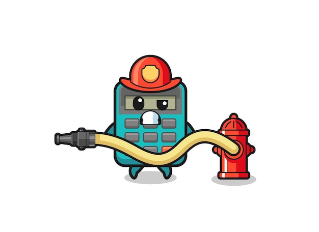 Calculator cartoon as firefighter mascot with water hose cute design