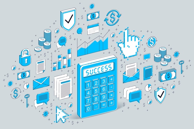 Idea calcolatrice isolata su sfondo bianco, concetto finanziario. illustrazione isometrica di affari di vettore 3d con icone, grafici delle statistiche ed elementi di design.