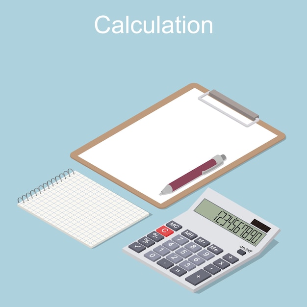 Вектор Калькулятор в перспективе. плоский изометрический. блокнот с ручкой и чистый лист. понятие расчета доходов и расходов. векторная иллюстрация.