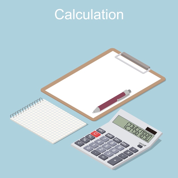 벡터 관점에서 계산기입니다. 플랫 아이소메트릭. 펜과 깨끗한 시트가 있는 메모장. 수입 및 지출 계산의 개념입니다. 벡터 일러스트 레이 션.