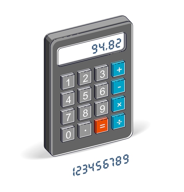 Calculator isolated on white background with letters set, easy editable to put any numbers over, 3d isometric vector illustration.