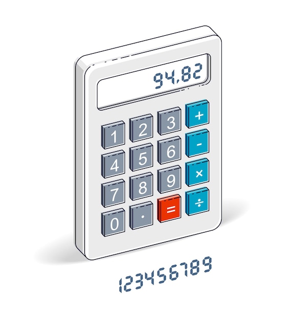 Calculator isolated on white background with letters set, easy editable to put any numbers over, 3d isometric vector illustration.