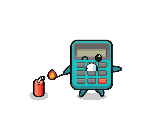 Иллюстрация талисмана калькулятора, играющая в фейерверк, милый дизайн
