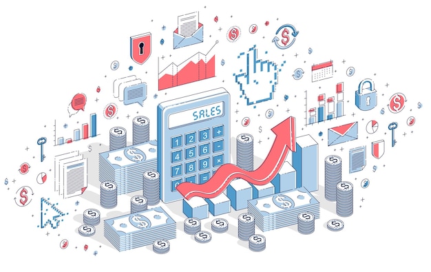 Calculator met winst groei grafiek geïsoleerd op een witte achtergrond, verkoop concept. Isometrische 3d vectorfinanciënillustratie met pictogrammen, statistiekengrafieken en ontwerpelementen.