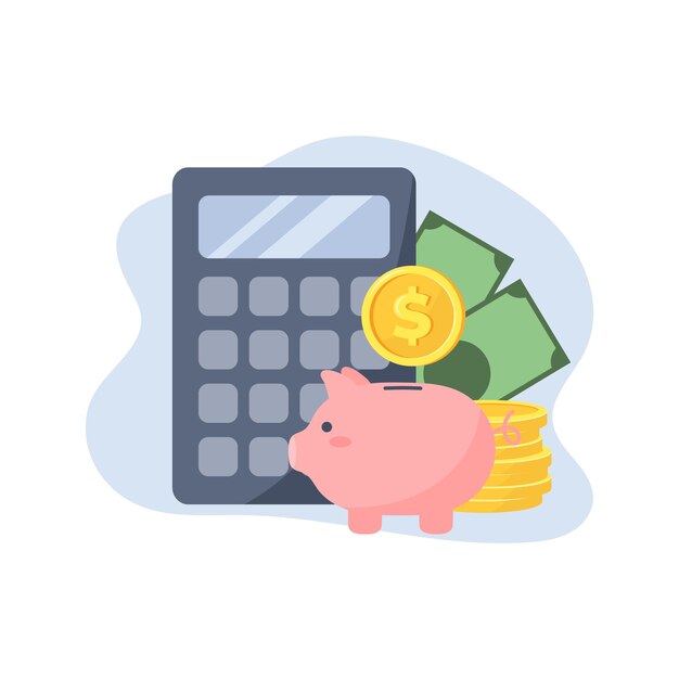 Vector calculator piggy bank money coins money saving concept vector illustration