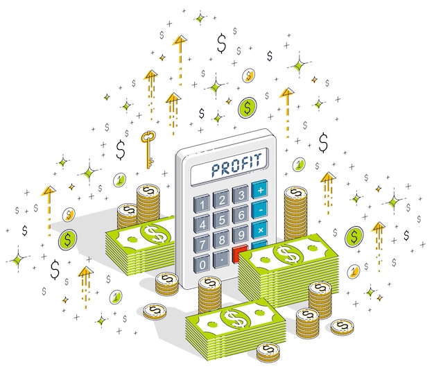 Calculator with cash money stacks and coins piles isolated on white background, profit concept. 3d vector business isometric illustration with icons, stats charts and design elements.