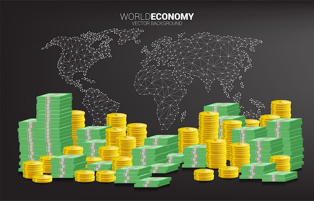 Calculator with coin and banknote stack with polygon world map background