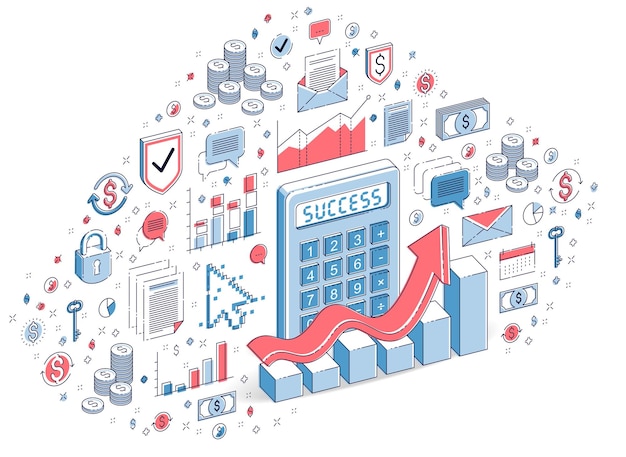 Калькулятор с диаграммой роста доходов, выделенной на белом фоне, финансовая концепция. 3d векторная иллюстрация бизнеса изометрии с иконками, диаграммами статистики и элементами дизайна.