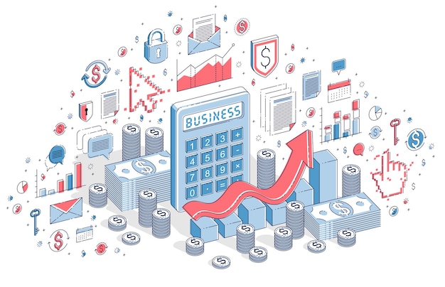 Calcolatrice con grafico di crescita degli utili isolato su sfondo bianco, concetto finanziario. illustrazione isometrica di finanza di vettore 3d con icone, grafici di statistiche ed elementi di design.