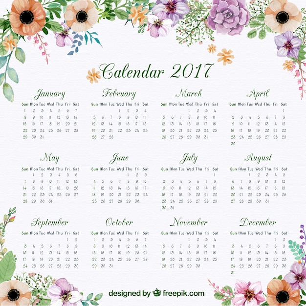 Calendar of 2017 with floral watercolor decoration