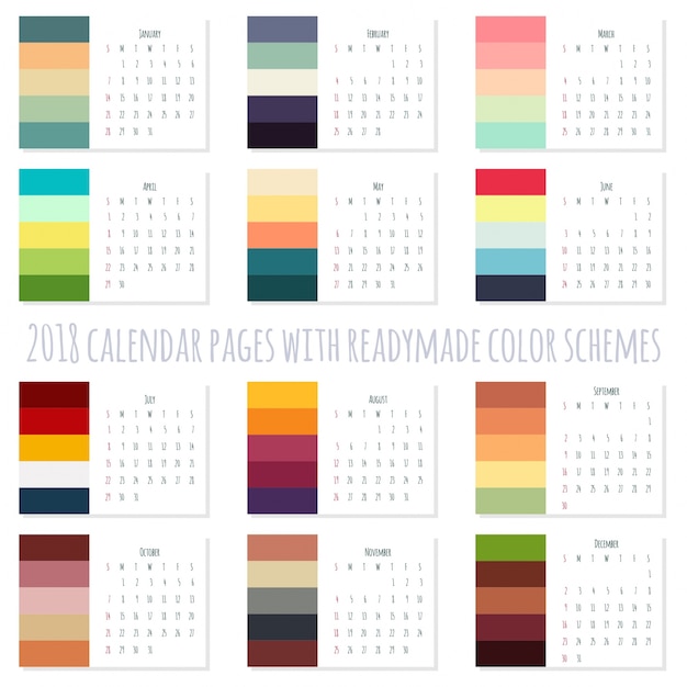 Calendario 2018 pagine con combinazioni di colori già pronte