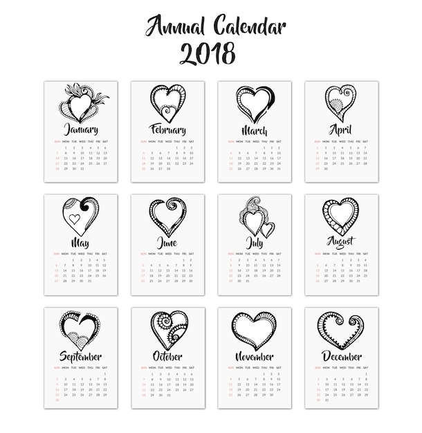 Calendar 2018 with hearts design