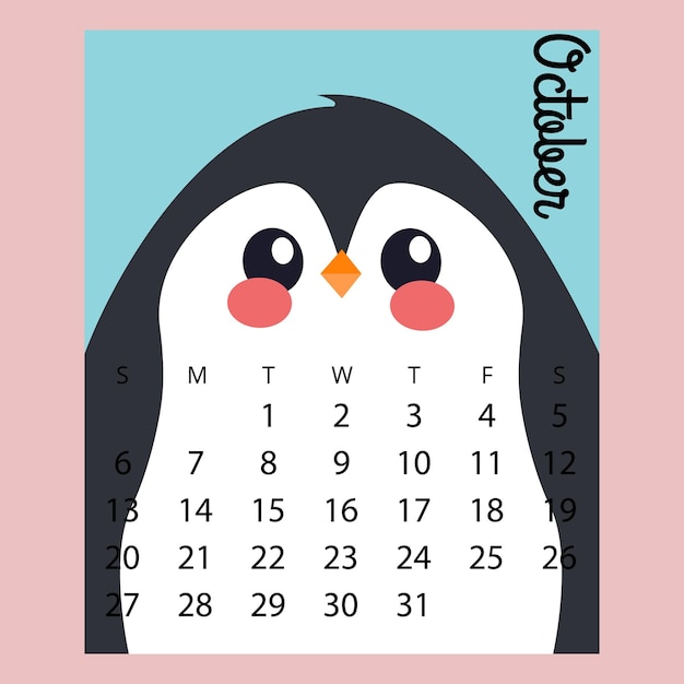 달력 2019 귀여운 재미있는 만화 pinguin10월 가을 달