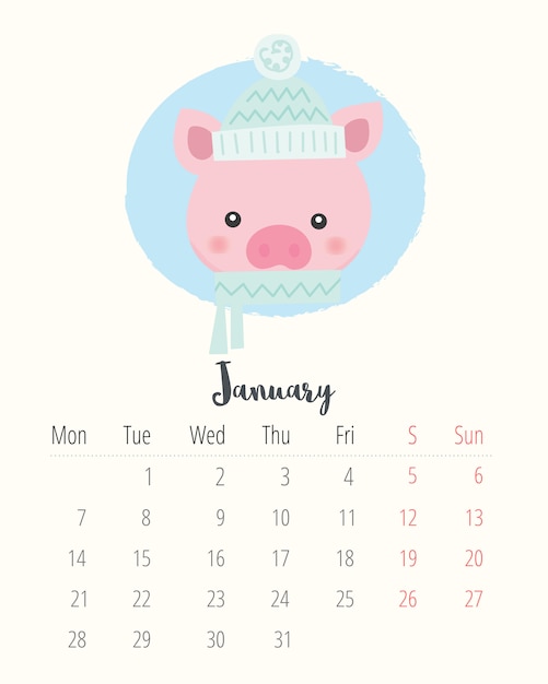 Vector calendar 2019. cute pig. january month.