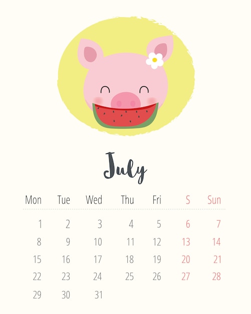 Calendar 2019. cute pig. july month.