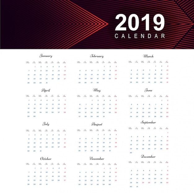 Calendario 2019 modello di disegno vettoriale