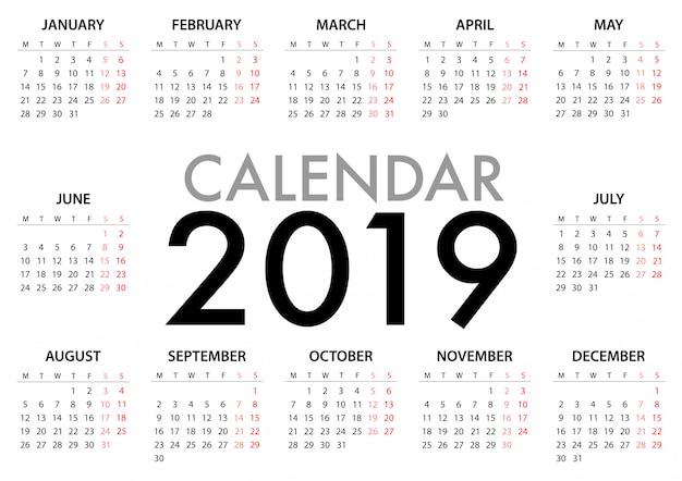 Il calendario per la settimana 2019 inizia lunedì