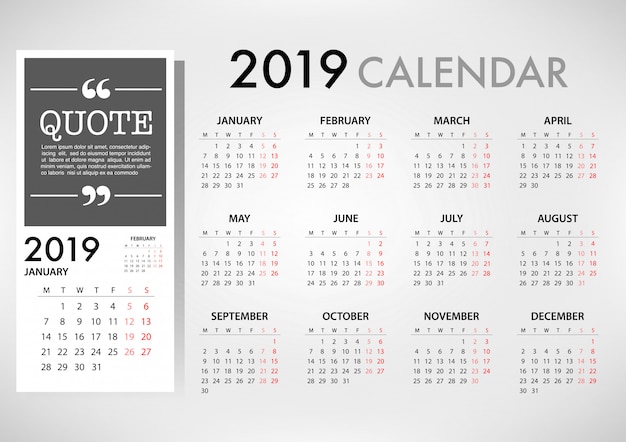 Vector calendar for 2019 week starts monday