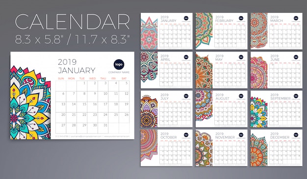 Calendar 2019 with mandalas