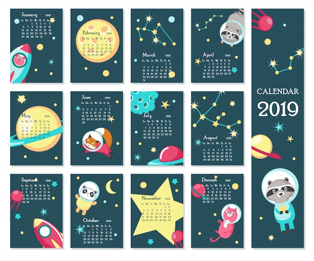 Vector calendar 2019 with space animals