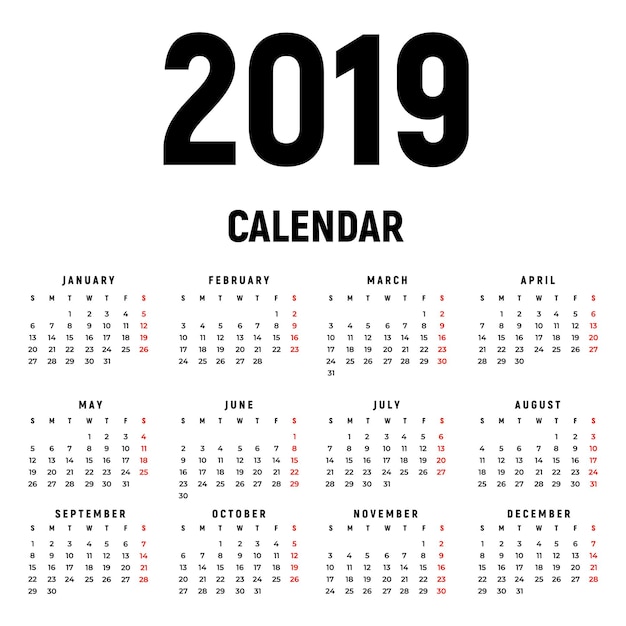 Calendar 2019 year black and white vector template week starts on sunday basic grid pocket square calender ready design