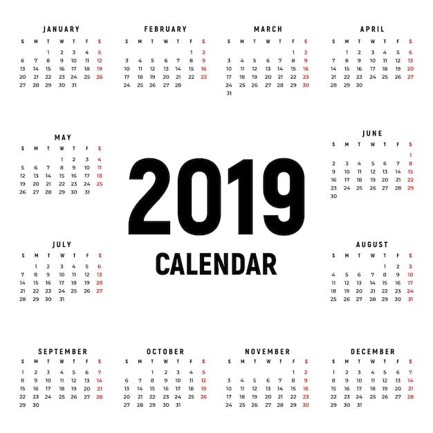 Календарь 2019 год Черно-белый векторный шаблон Неделя начинается в воскресенье Базовая сетка Карманный квадратный календарь Готовый дизайн