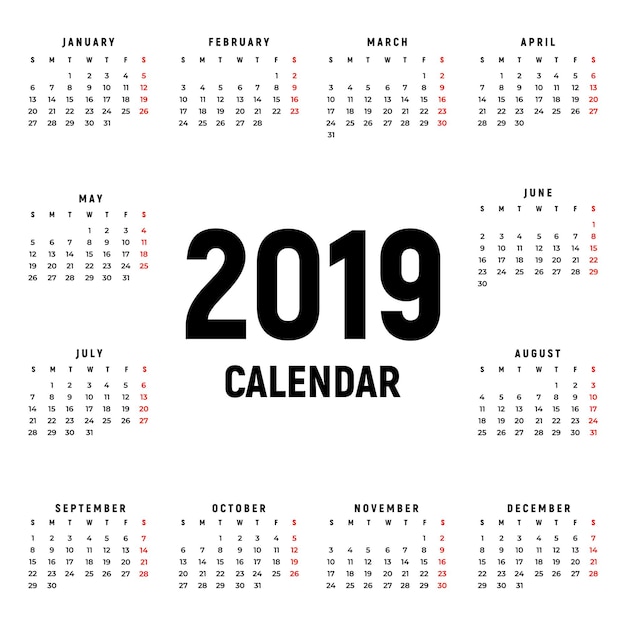 Calendar 2019 year black and white vector template week starts on sunday basic grid pocket square calender ready design