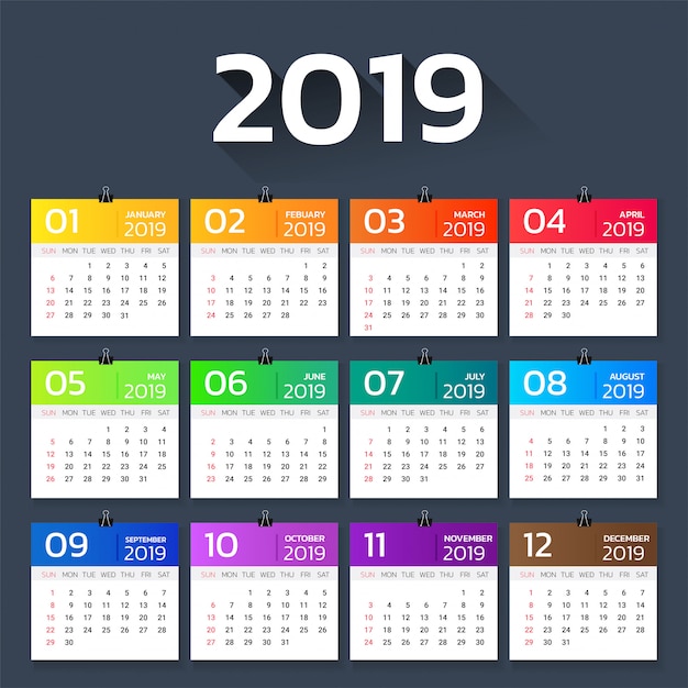 Calendar 2019 year colorful gradient template.