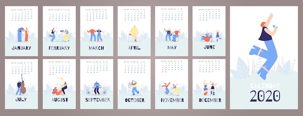 Calendar 2020 cards template music people style