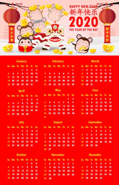 Vector calendar 2020. chinese new year