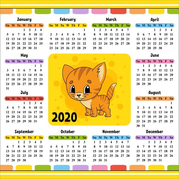 Calendar for 2020 with a cute character. 