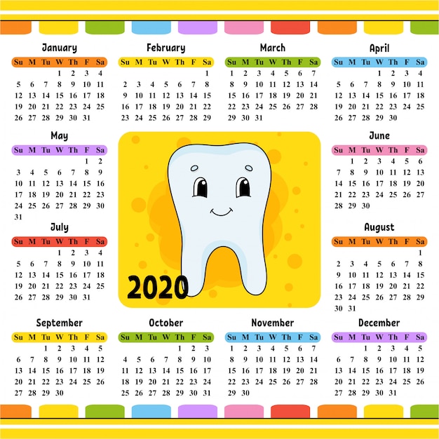 かわいい歯を持つ2020年のカレンダー。
