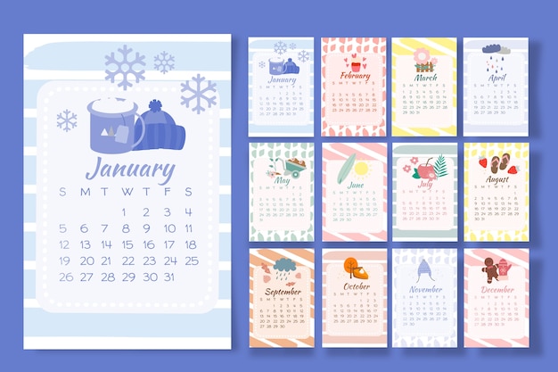 Vector calendar 2020 with seasonal elements