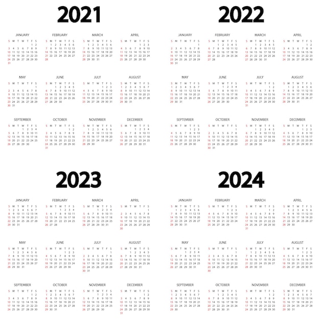 Vector calendar 2021 2022 2023 2024 year the week starts on sunday annual calendar template