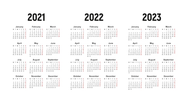 Calendar 2021 2022 and 2023 week starts on Monday basic business template vector illustration