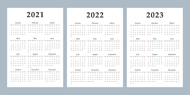 달력 2021 2022 2023 주는 월요일 기본 비즈니스 템플릿 벡터 일러스트 레이 션에 시작됩니다.