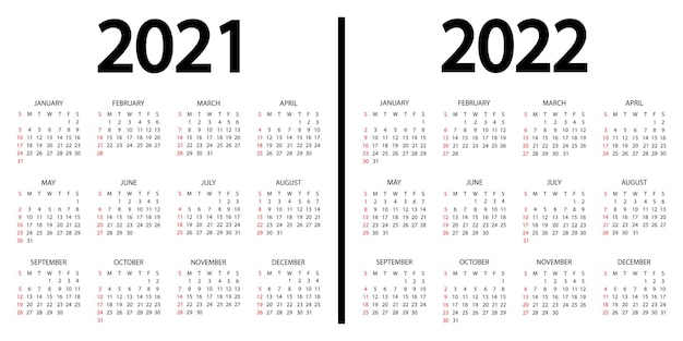 Calendar 2021-2022. The week starts on Sunday. 2021 and 2022 annual calendar template. 12 months yearly calendar set in 2021 and 2022 design in black and white colors. Sunday in red colors. Vector