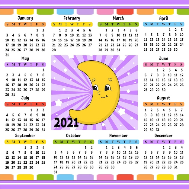 Calendar for 2021 with a cute character cute crescent