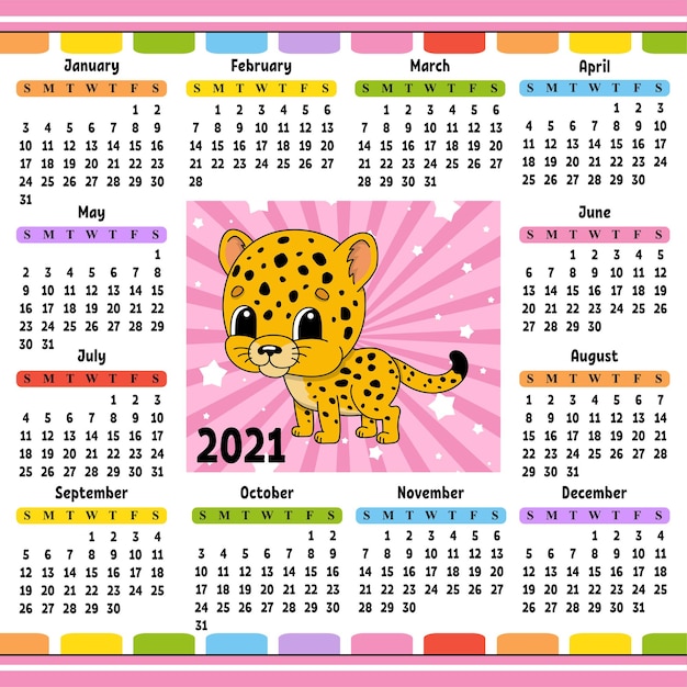 Calendar for 2021 with a cute character spotted jaguar