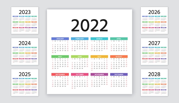 Vettore calendario 2022, 2023, 2024, 2025, 2026, 2027, 2028 anni. la settimana inizia domenica. layout del calendario