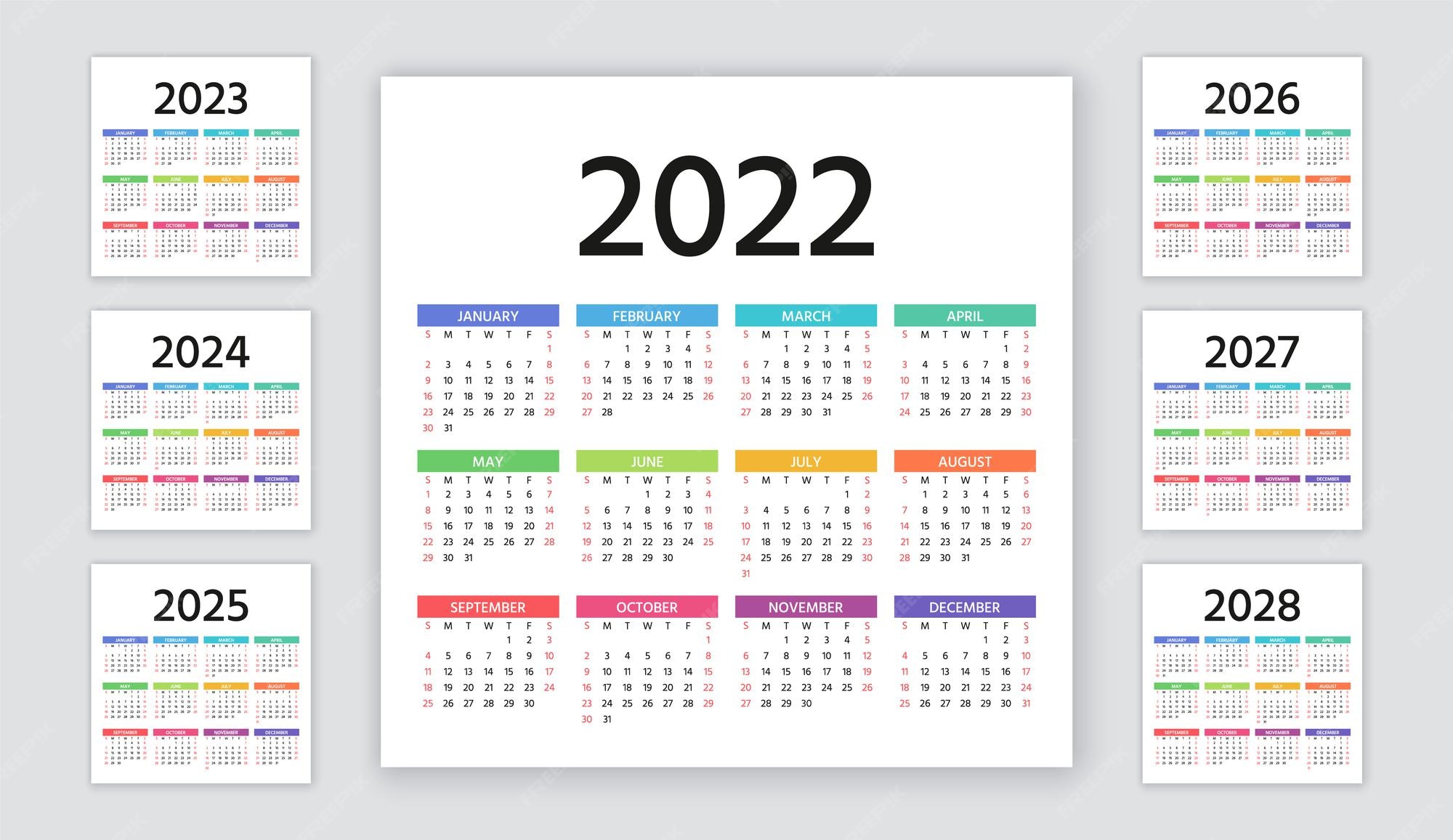 Premium Vector Calendar 2022, 2023, 2024, 2025, 2026, 2027, 2028