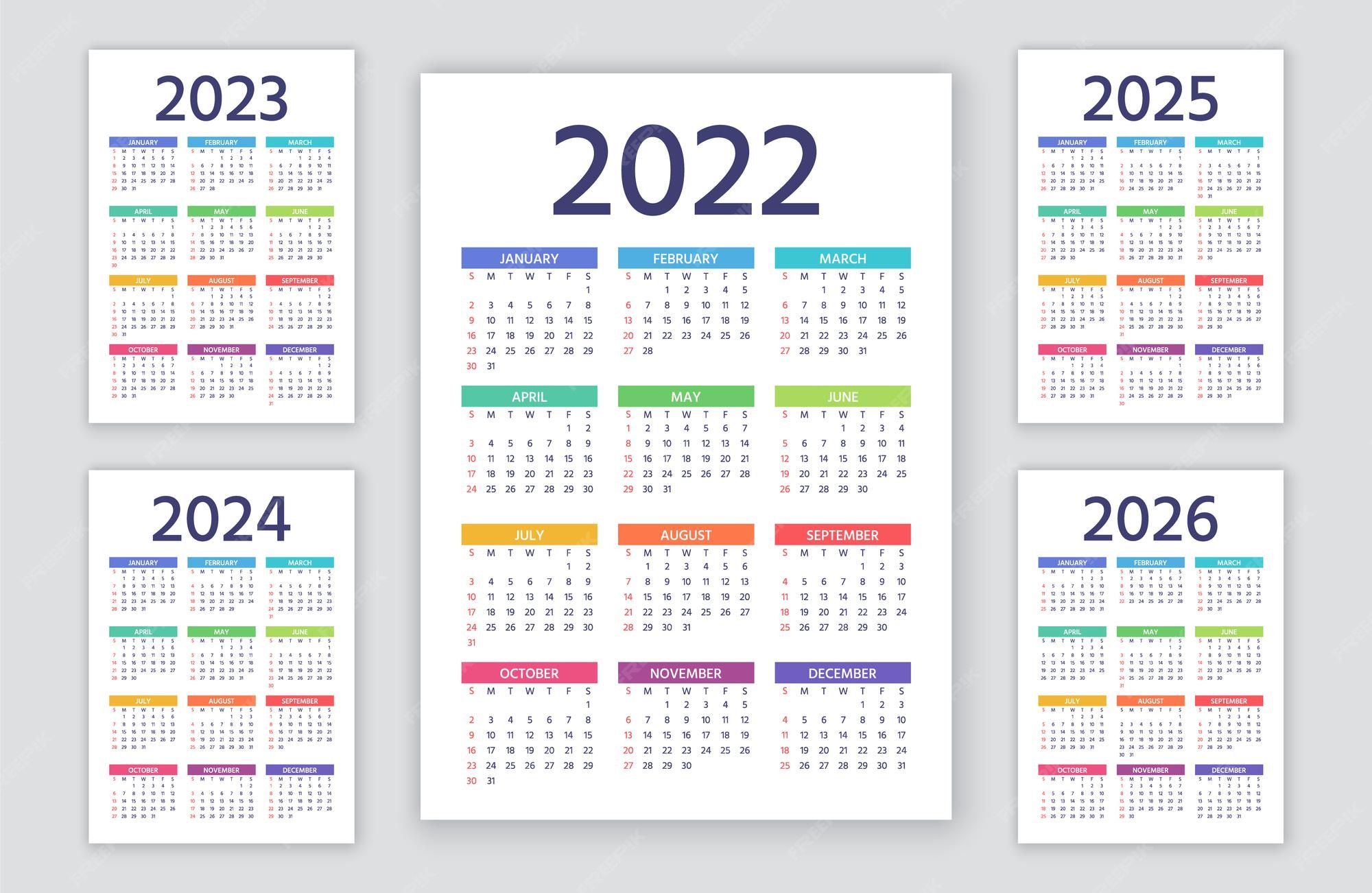 Premium Vector Calendar 2022, 2023, 2024, 2025, 2026 years. week