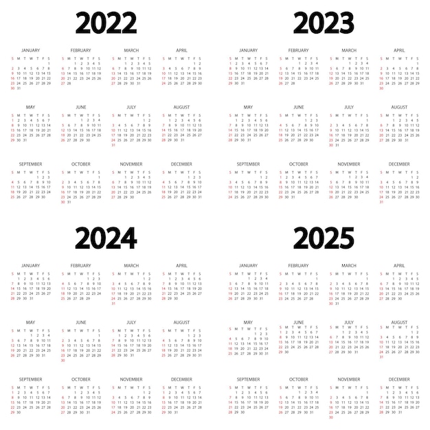 Calendar 2022 2023 2024 2025 year The week starts on Sunday Annual calendar template