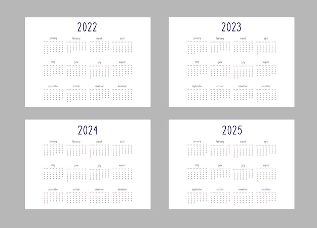 Calendar 2022 2023 2024 2025 years template in classic strict style black and red colors on white