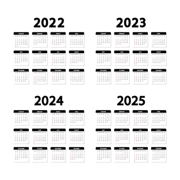 달력 2022, 2023, 2024 및 2025년. 한 주가 일요일에 시작됩니다. 연간 영어 달력 템플릿입니다. 세로 방향