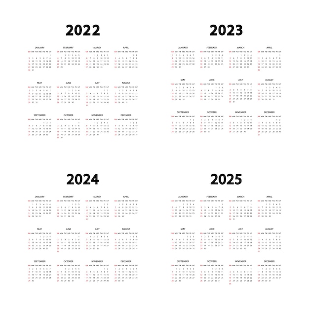 Vector calendar 2022, 2023, 2024 and 2025 years. the week starts sunday. annual english calendars template. stationery vertical template in simple, minimal design. portrait orientation. vector